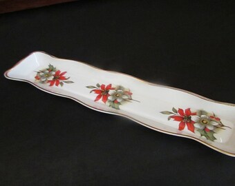 Poinsettia & Holly Dish – Long Narrow Shallow Dish – Christmas Holiday Pencil or Candy Dish – Vintage Bone China Made in England