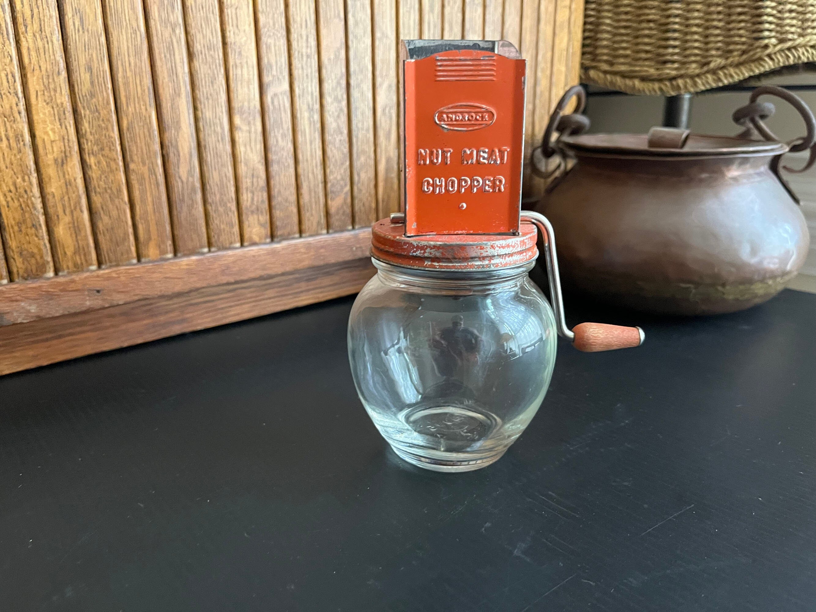 vintage kitchenware, hand-crank nut grinder chopper w/ glass shaker jar