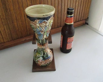 Ceramic Ale Stein with Wood Stand - Mt. Pocono Souvenir – German Motif – Vintage Ale Glass Made in Germany