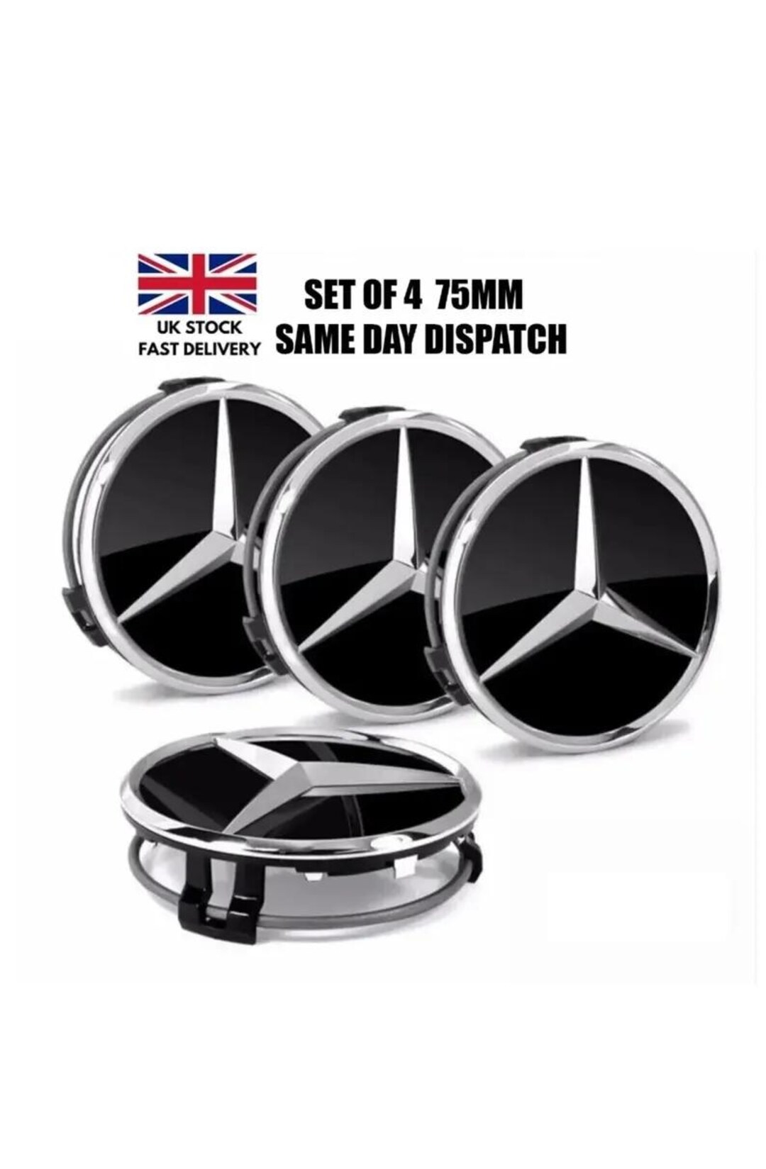 4 X Black Mercedes Benz Alloy Wheel Centre Caps 75mm Badges Hub Emblem ...