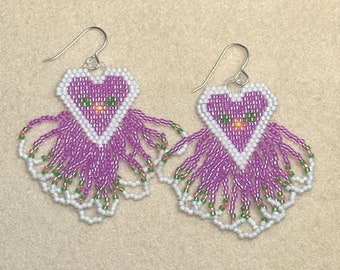 Valentine Purple Hand-Beaded Heart Earrings