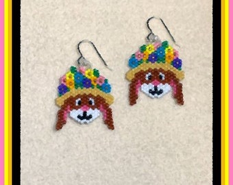 Brown Bunny Floral Hat Hand-Beaded Earrings