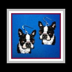 May include: A pair of beaded earrings shaped like Boston Terrier dog heads, with black, white and brown beads.