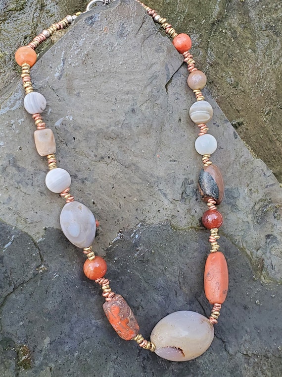 Ancient Agate and Carnelians beads and mixed metal heishi