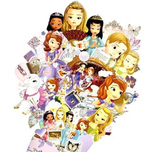 Peut inclure: Une collection d'autocollants représentant des personnages animés, dont une fille aux cheveux auburn en robe violette, un cheval blanc, un miroir doré, un livre violet avec un œil, des papillons, des cristaux et divers petits éléments décoratifs.