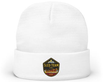 Cozy Embroidered Knit Beanie for Winter Adventures, Sled Team Hat, Gift for Him or Her, Winter Fashion Accessory, Outdoor Activities Beanie