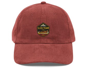 Vintage Corduroy Cap - Sled Team Embroidery, Retro Hat, Outdoor Accessories, Gift for Him, Trendy Fashion, Winter Wear