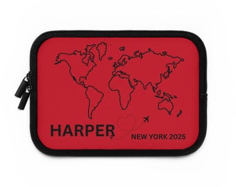 Personalized World Map Laptop Sleeve, Travel Gift, Custom Tech Pouch, Modern Red Sleeve, Unique Student Accessory
