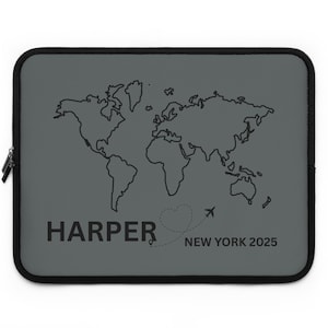 Housse pour ordinateur portable carte du monde personnalisée | Accessoire de voyage personnalisé, étui technique, cadeau pour étudiants, voyageurs, design moderne