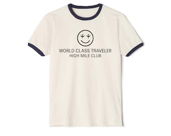70's Nostalgia World Class Traveler smiley logo T-Shirt | High Mile Club ringer tee hot summer item