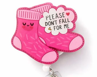 Pink Grippy Socks Badge Reel | Nurse CNA Humor Holder, Please Don't Fall For Me
