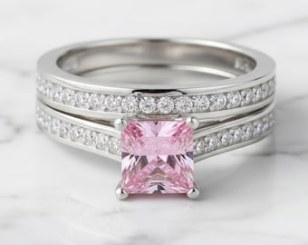 Pink Sapphire Engagement Ring Princess Cut Pink Sapphire Bridal Ring Set 1.5 Carat Pink Gemstone Wedding Ring 925 Sterling Silver Gift