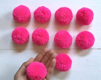 Neon Pink Big Pom Pom 2 inches, Boho Decor Party Supplies yarn pom pom