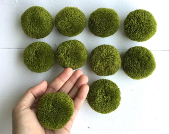 Può includere: Nove pompon in verde disposti a griglia su una superficie bianca. Un pompon è tenuto in una mano.