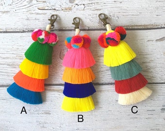 Tassel Pompoms Charm, Tassel bag charm, Handbag decor, Straw Bag tassel charm, Layered tassel charm, Unique Gifts,Gift for Her