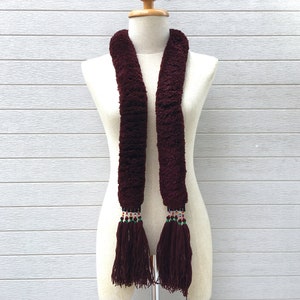Dark brown Ethnic Mien Yao scarf, handmade traditional pom roll scarves, gift for her, Tribal handmade scarves, handmade gift