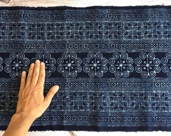 Hmong Indigo Batik Cotton 14.50" width hand block fabric - Sold by the 1 yard - Hmong Traditional Batik with Wax hand block