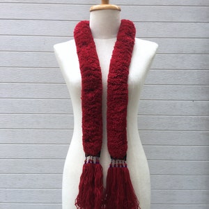 Burgundy Ethnic Mien Yao scarf, handmade traditional pom roll scarves, gift for her, Tribal handmade scarves, handmade gift