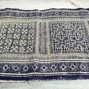 May include: A length of indigo and cream fabric with a detailed geometric design. The pattern includes repeating square and rectangular motifs with cross and floral elements. The fabric has a textured look and a dark indigo border, suitable for various craft projects.
