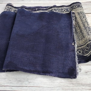 May include: A rolled-up, dark blue fabric with a cream border featuring a geometric and star pattern. The fabric is folded over, revealing its dark blue interior. The fabric is on a light-coloured wooden surface.