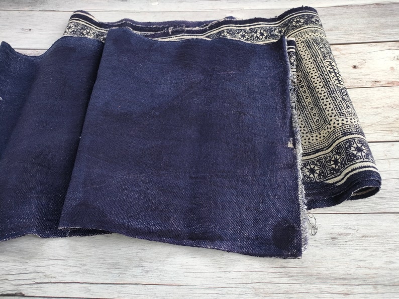 May include: A rolled-up, dark blue fabric with a cream border featuring a geometric and star pattern. The fabric is folded over, revealing its dark blue interior. The fabric is on a light-coloured wooden surface.