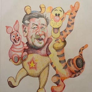 May include: A hand-drawn illustration of Winnie the Pooh, Tigger, and Piglet. Winnie the Pooh is wearing a yellow and red costume with a star on the chest. Tigger is wearing his signature orange and black stripes. Piglet is wearing a pink costume. The illustration is done in colored pencil.