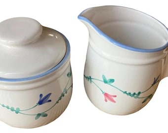 Portofino Blue Cream & Sugar Bowl Set Savoir Vivre Floral Vintage