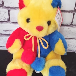RARE Vtg 90s teddy bear. Vtg Plush CANADIAN Teddy Bear. Primary colors teddy bear. 1990s teddy bear. Vtg Pom Pom CLOWN teddy bear
