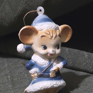 Vintage MCM Mouse Ornament, Blue Santa Suit, 1990s