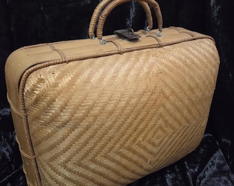 Vintage Wicker Bamboo Travel Satchel.  1970s Rattan Suitcase Dome Train Case