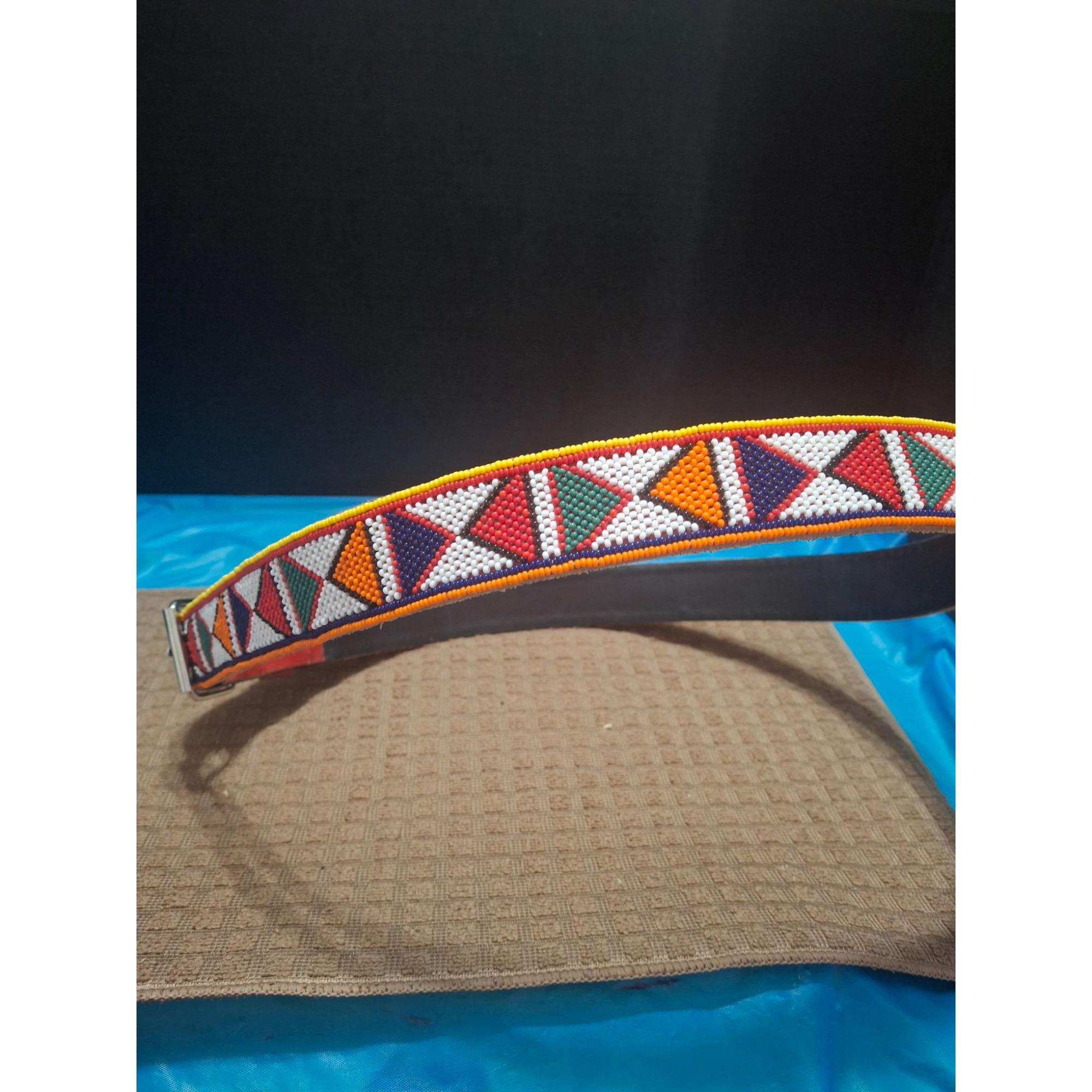 Leather Multicolor Geometric Indian Beading Brass Buckle Boho Adjustable Belt S Mexican Embroidered Leather Belt – Camelia Mexican Boutique main image 4
