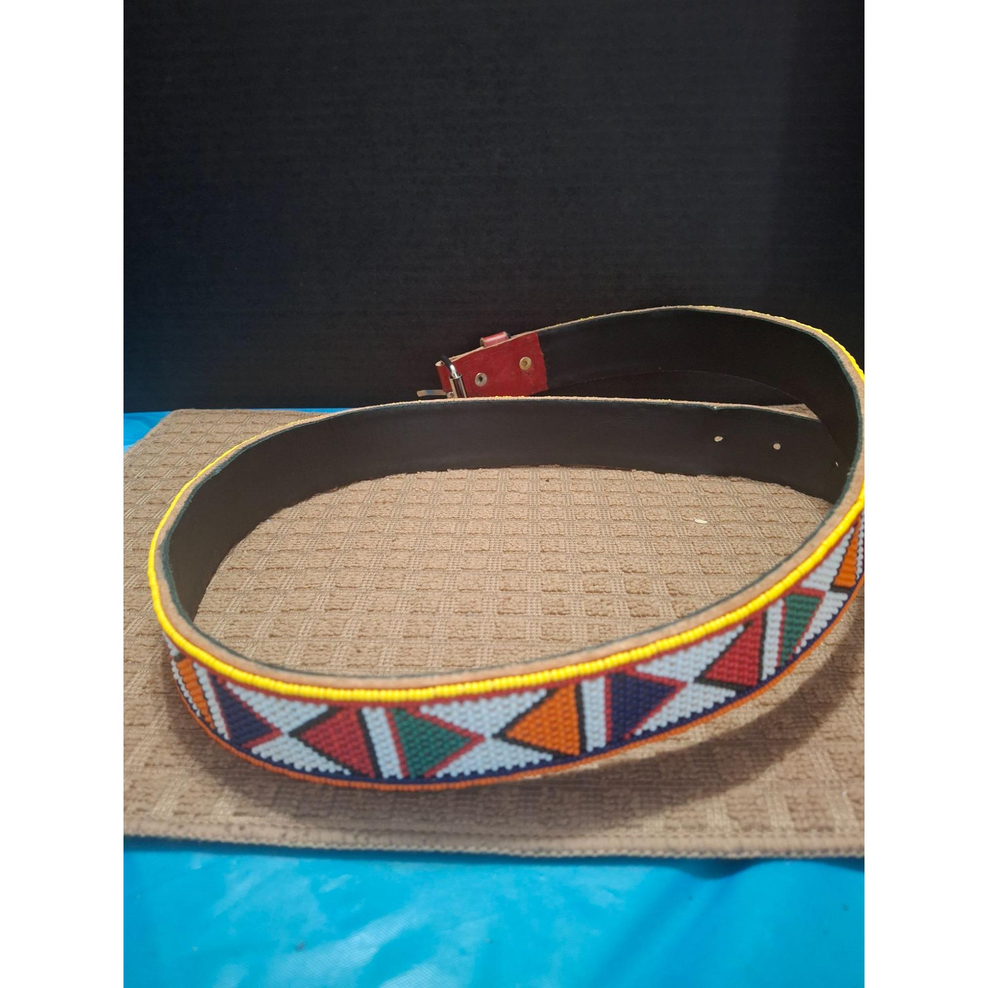 Handcrafted Beaded Leather Belt With Geometric Tribal  display picture 1