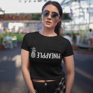 Pineapple Upside-Down Swinger Apparel Crop Top | White Imprint  | Woman&#39;s TShirt | Suggestive Top