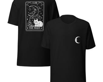 Camiseta com a Carta de Tarô da Lua, Camiseta com Estampa de Gato ao Luar, Camiseta Mística e Bruxa, Roupa Celestial