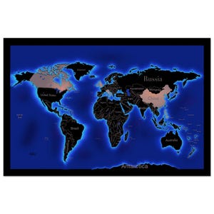 May include: A rectangular world map wall art piece featuring black landmasses against a deep blue background. The continents are outlined with a glowing blue light effect. Specific countries like Russia, China, and the United States are labeled.