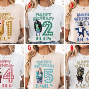 May include: A collection of six t-shirts with birthday-themed designs. Each shirt features the words "Happy Birthday" and a number, along with a cartoon character and a name. The shirts are in various colors, with the numbers and text in contrasting colors.