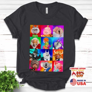 May include: Dark gray t-shirt featuring a colorful grid of animated animal characters. The shirt has a crew neck and short sleeves. The text "LIMITED OFFER ONLY TODAY 50% OFF MADE IN USA" is printed on the lower right.