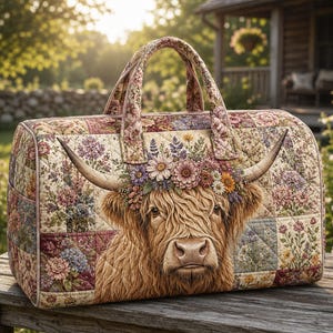 May include: A quilted duffel bag featuring a patchwork floral pattern in muted tones. The center displays a detailed illustration of a Highland cow with long horns and a colorful crown of flowers resting between its ears, complete with two handles.