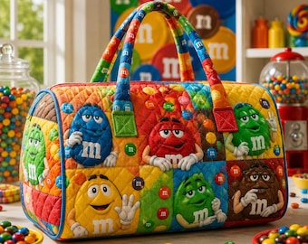M&M Quilted Weekend Bag, Candy Theme Travel Duffle Bag, Colorful Overnight Carry On Tote, Sweet Gift Bag SRD-1YM42