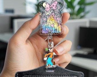 Custom Disney Parks Mickey And Friends Castle Badge Reel, Disneyland Magic Castle, Retractable ID Badge Holder, WDW Disneyland Trip UNA309