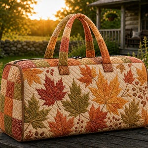 May include: A quilted duffel bag featuring a cream-colored base with a vibrant pattern of orange, red, and green maple leaves. The bag includes two matching quilted handles, a zippered top closure, and brown piping along the edges.