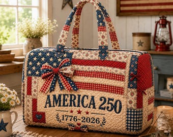 America Quilted Weekender Bag, USA Patriotic Travel Duffel, Independence Day Tote, 1776-2026 Celebration Gift OQBREN027
