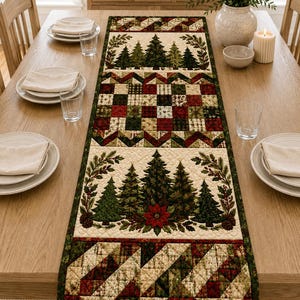 May include: A rectangular quilted table runner featuring a patchwork design with alternating sections of green pine trees, red poinsettias, and geometric patterns in shades of red, green, and cream, finished with a dark green border trim.