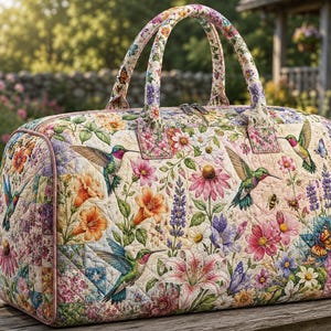 Hummingbird Quilted Weekend Bag, Wildflower Patchwork Travel Duffel, Floral Overnight Bag, Bird Lover Gift for Women ORD-ITI32