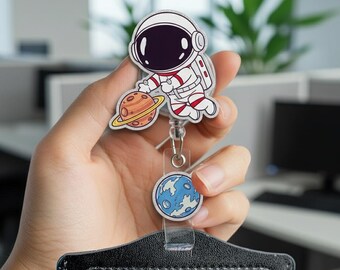 Cute Astronaut Space Badge Reel, Galaxy Retractable ID Holder, Fun Name Badge for Nurse Teacher, Outer Space Work Accessory OLIN581