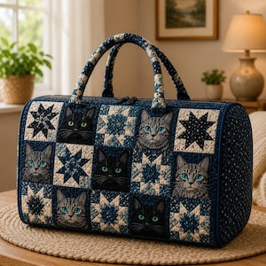 May include: A quilted duffel bag featuring a patchwork pattern of blue and white star blocks alternating with detailed portraits of black cats with green eyes and gray tabby cats with blue eyes, complete with two top handles and a zipper closure.