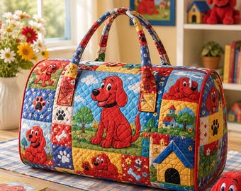 Clifford Big Red Dog Quilted Weekend Bag, Puppy Travel Duffle Bag, Kids Overnight Carry On Bag, Cartoon Gift SRD-1YM35
