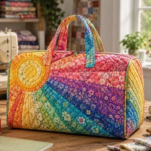 May include: A quilted duffel bag featuring a vibrant rainbow sunburst pattern with floral motifs. The bag has two top handles, a zippered closure, and a structured rectangular shape. The fabric displays a spectrum of colors including yellow, orange, red, purple, blue, and green.