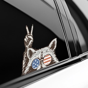 May include: A raccoon sticker with sunglasses featuring the American flag design. The raccoon is giving the peace sign with its paw. The sticker is visible through a car window.