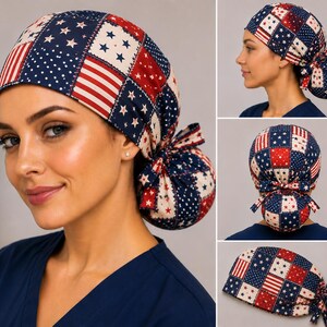 May include: A scrub cap featuring a patchwork design of red, white, and blue fabric squares. The pattern alternates between white stars on a navy blue background, red and white stripes, and white polka dots on a navy blue background with a tie-back.